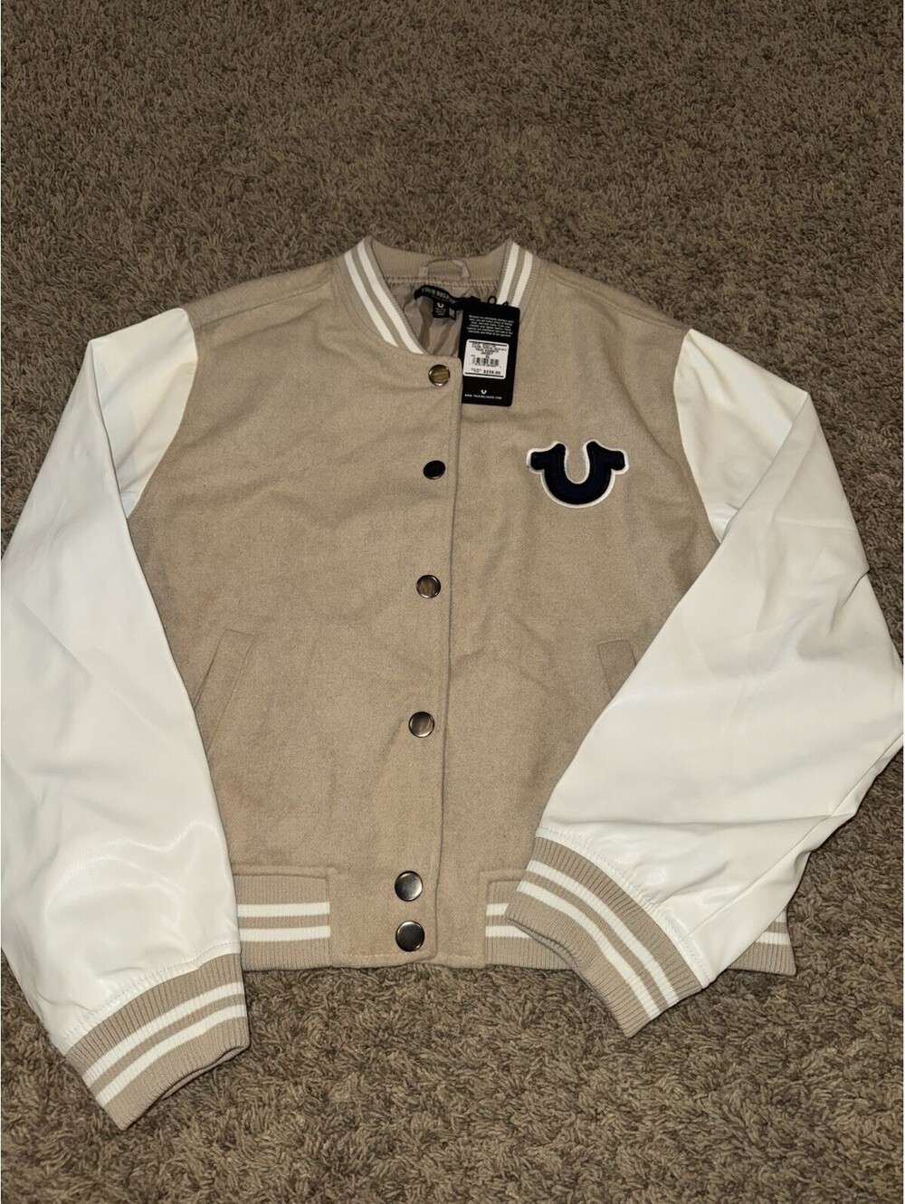 True Religion True Varsity Jacket XL Tan Beige White Snap Button Logo NEW $239